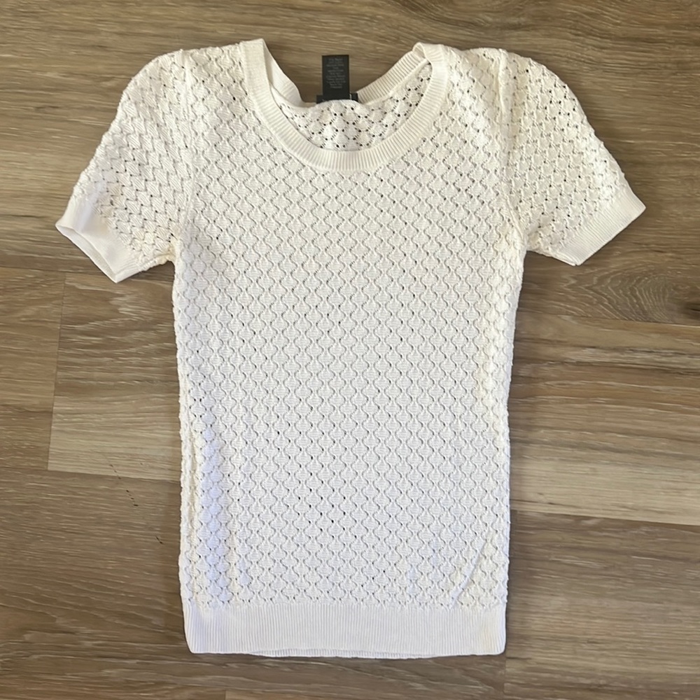 Ann Taylor Cream Short-Sleeve Open-Knit Sweater Tee
